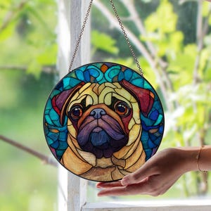 Mopshond glas in lood raam Suncatcher – aangepaste hondenras glazen zonnevanger, uniek huisdier Memorial raamkunst cadeau voor hondenliefhebbers cadeau-idee