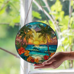 Beach Sunset Stained Glass Window Suncatcher – Vibrant Coastal Evening Art | Tropical Ocean Decor | Unique Gift for Beach & Nature Lovers