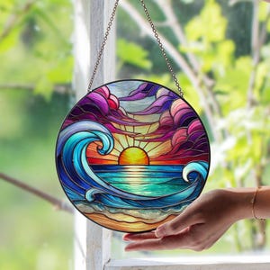 Gentle Ocean Waves Sunrise Stained Glass Suncatcher – Serene Coastal Window Art | Beach House Decor | Ocean Sunrise Gift Idea