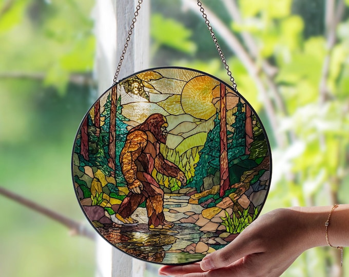 Bigfoot Stained Glass Window Suncatcher | Sasquatch Forest Art Panel | Cryptid Lover Gift | Whimsical Decor for Nature & Myth Fans Gift Idea