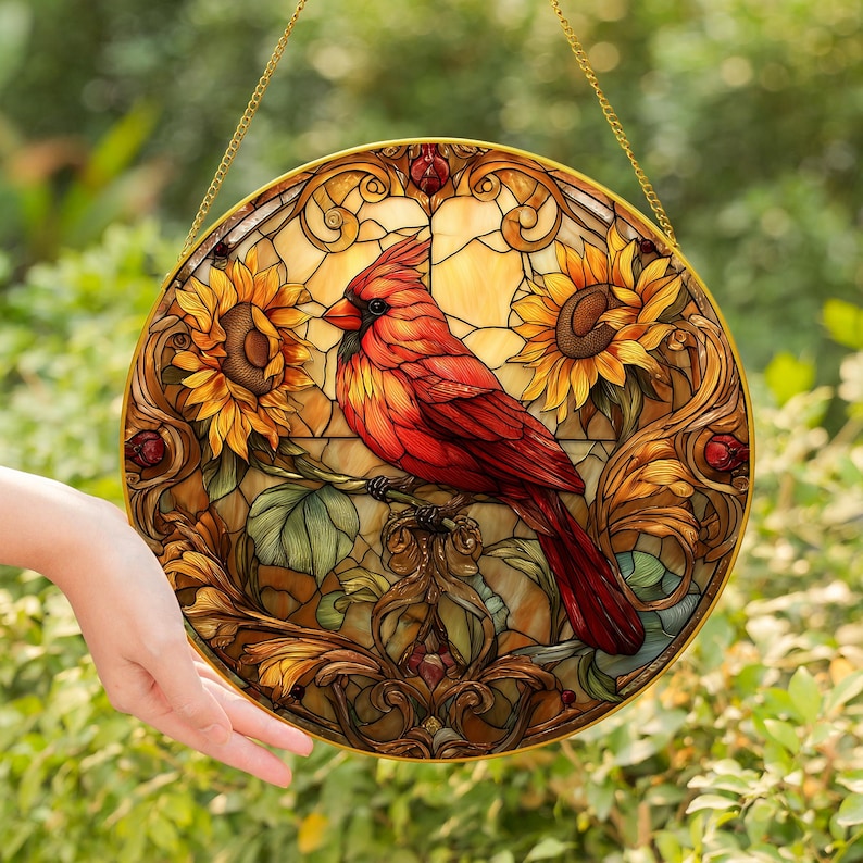 Cardinal Sunflower Stained Glass Window Suncatcher, Bird Floral Hanging ...