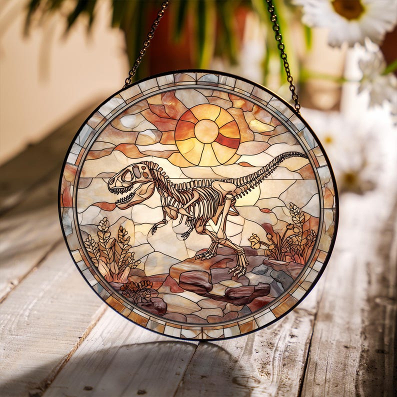 Dinosaur Skeleton Stained Glass Window Suncatcher – Prehistoric Fossil ...