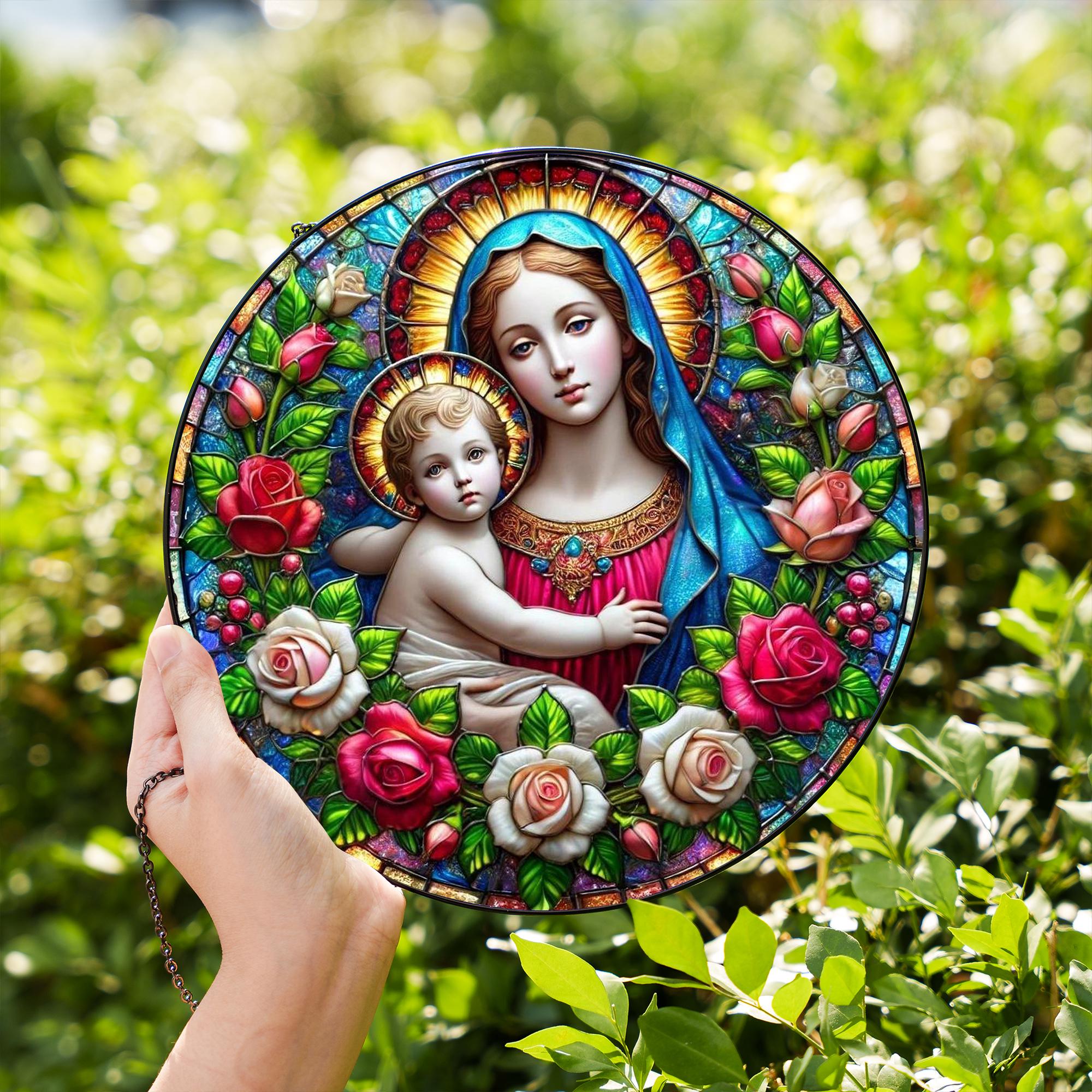 聖母マリアのステンドグラスサンキャッチャー – 神聖な宗教ガラス