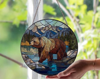 Atrapasol de vitral con diseño de oso grizzly, decoración de vida silvestre hecha a mano, arte rústico de vidrio para cabañas, regalo para amantes de la naturaleza, regalo colgante con diseño de oso de montaña