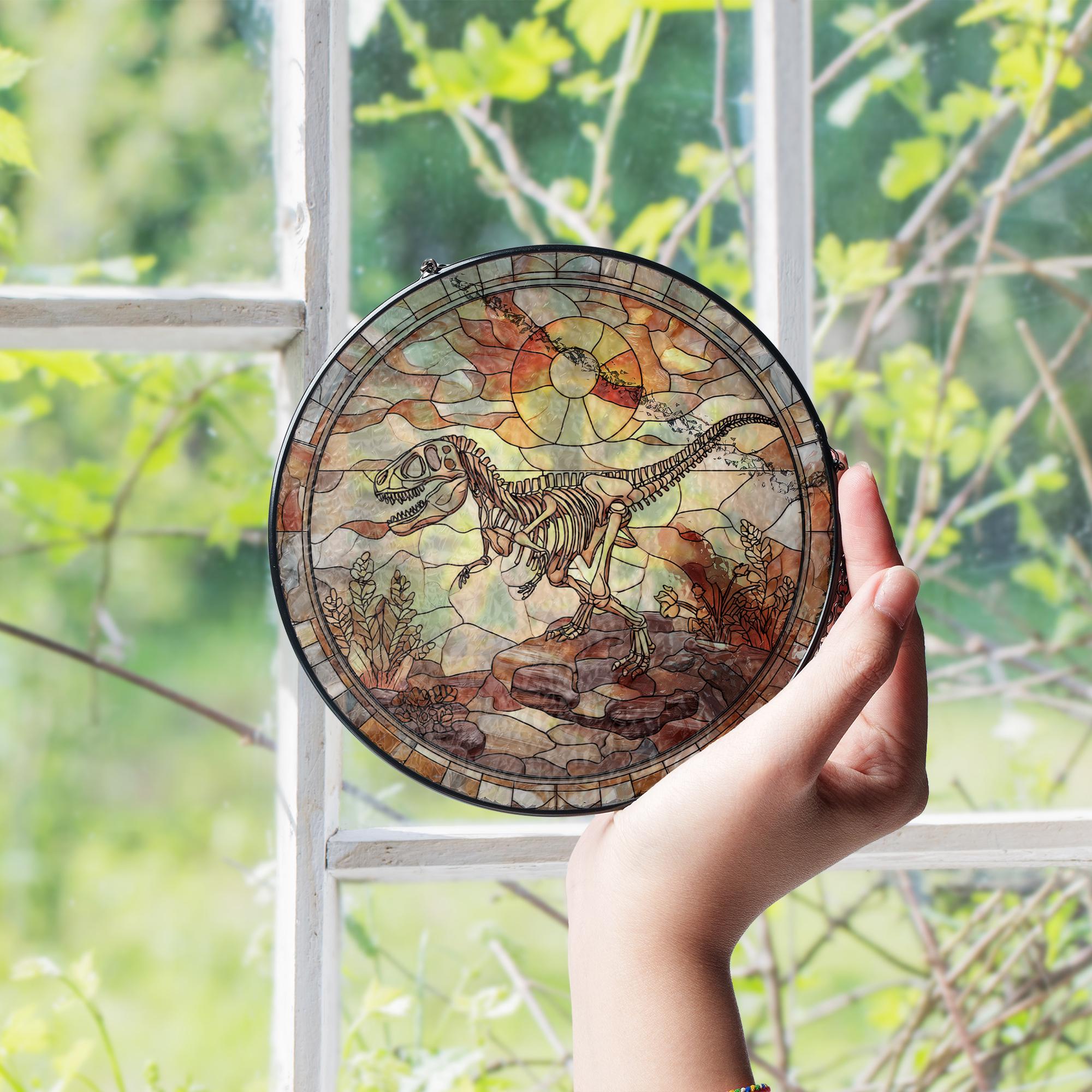 Dinosaur Skeleton Stained Glass Window Suncatcher – Prehistoric Fossil ...
