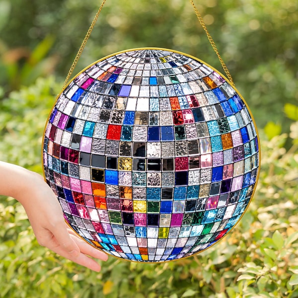 Disco Ball Flat 2D Stained Glass Window Suncatcher, Retro Party Hanging Decor, Music Lover Home Ornament Art Piece - Golden Frame