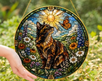 Atrapasueños de vidrieras con diseño de gato carey y flores, decoración artística colgante para mascotas, adorno para el hogar para amantes de los gatos - Marco dorado