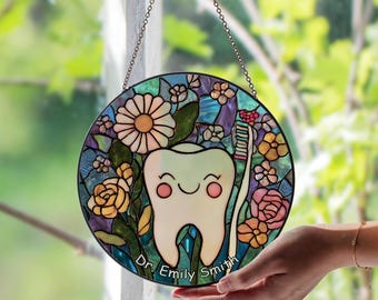 Personalized Dental Tooth Stained Glass Window Suncatcher – Custom Dentist Office Glass Sun Catcher, Unique Dental Care Window Art Gift Home