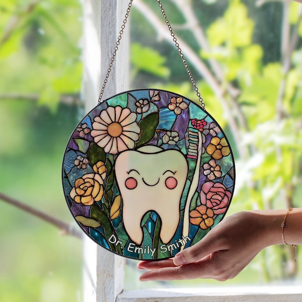 Personalized Dental Tooth Stained Glass Window Suncatcher – Custom Dentist Office Glass Sun Catcher, Unique Dental Care Window Art Gift Home