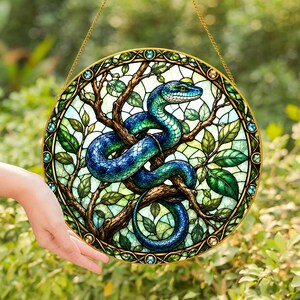 Blue Snake Stained Glass Window Suncatcher, Sports Fan Hanging Decor, Coach Player Gift, Athletic Home Ornament Art - Golden Frame