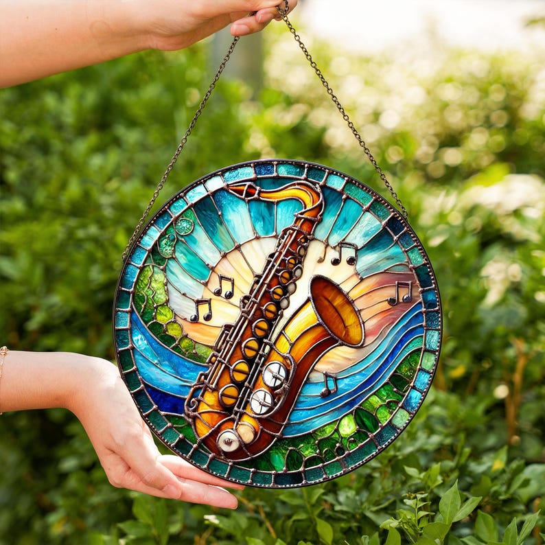 Stained Instruments Saxophone Stained Glass Window Suncatcher – Jazz Music Instrument Decor ...