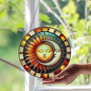 Sun & Moon Stained Glass Window Suncatcher – Celestial Balance Decor | Spiritual Sun and Moon Art Panel | Unique Gift for Astrology Lovers