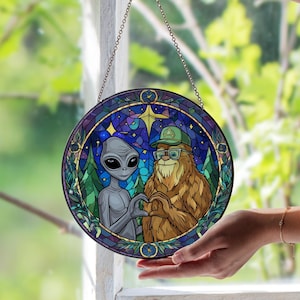 Alien and Bigfoot Stained Glass Window Suncatcher – Fun Cryptid Duo Art Panel | Whimsical Mythical Creatures Decor | Unique Gift for Fans
