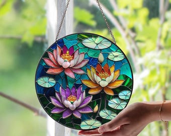 ⑩＊バイオレットガラスムーンとパンダちゃんたち＊シーグラスアート Unique Stained glass panel lotus White flower glass art