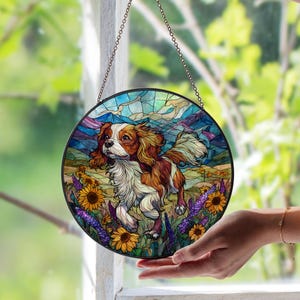 Cavalier King Charles Spaniel Glasmalerei-Sonnenfänger | Hundeliebhaber Geschenk | Haustier-Memorial-Dekor | Elegante Pup Glaskunst Panel Geschenkidee