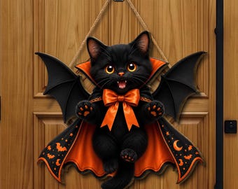 May include: A hanging wall decoration featuring a black kitten dressed as a vampire with large black bat wings and an orange cape. The kitten has bright orange eyes, a small orange bow tie, and a pattern of orange bats and moons on the cape.