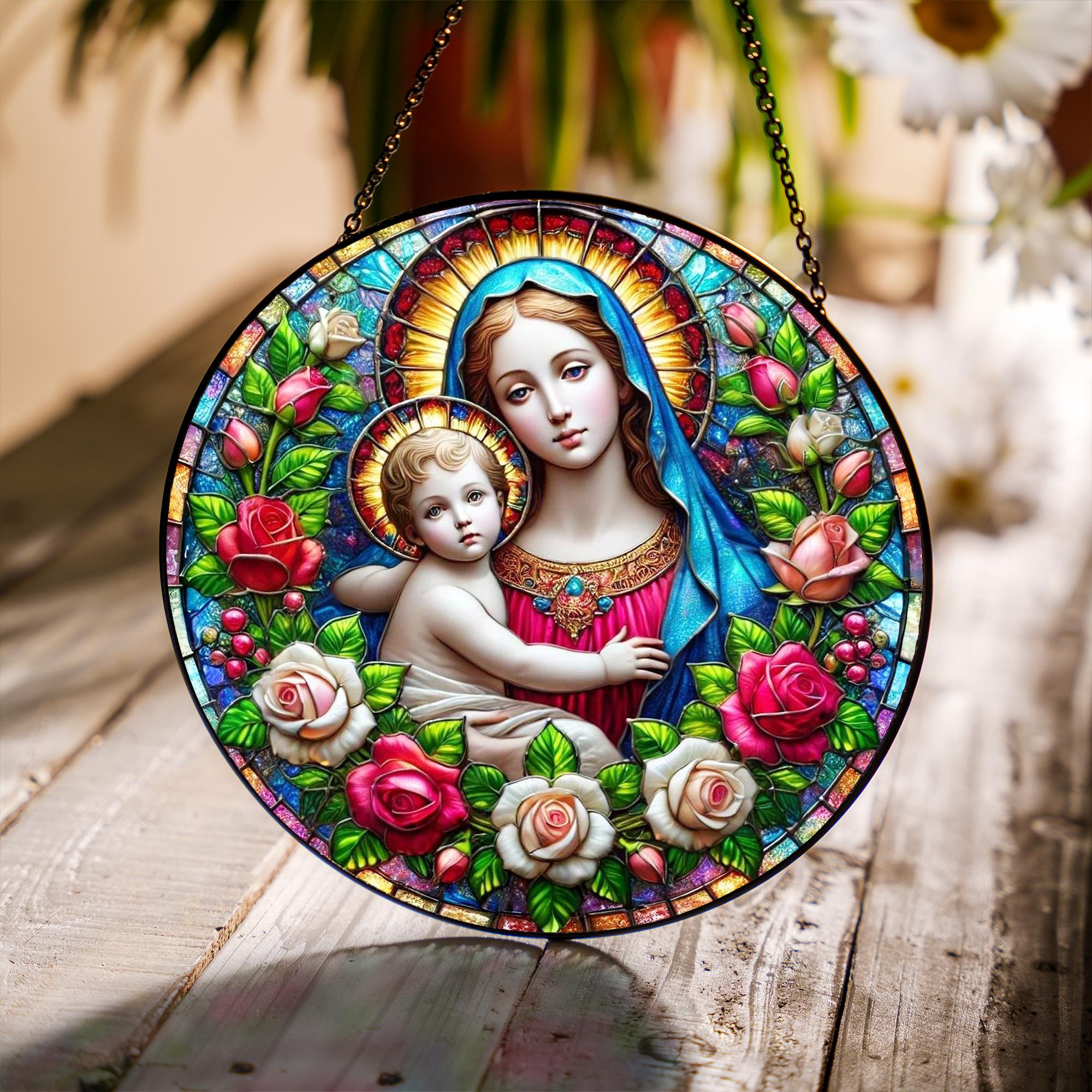 聖母マリアのステンドグラスサンキャッチャー – 神聖な宗教ガラス