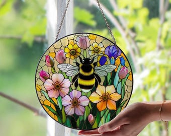 Bee Wildflower Stained Glass Suncatcher | Colorful Bee Garden Window Hanging | Nature Lover Gift | Floral Sun Catcher Home Decor Ornament