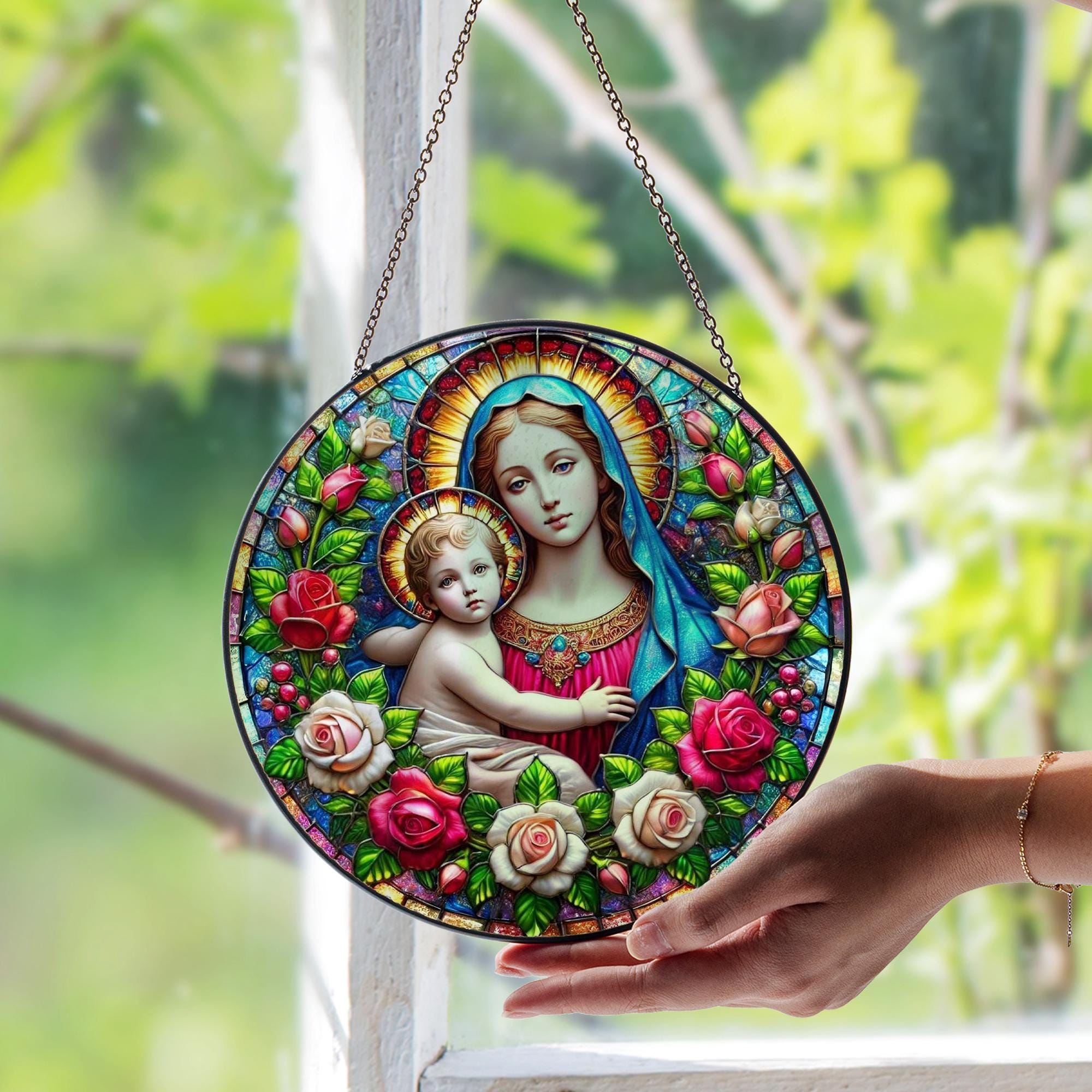 聖母マリアのステンドグラスサンキャッチャー – 神聖な宗教ガラス