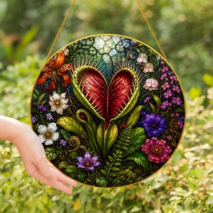May include: A circular stained glass suncatcher featuring a central red Venus flytrap surrounded by various colorful flowers including orange lilies, white blossoms, and purple petals, all encased in a gold metal frame with a hanging chain.