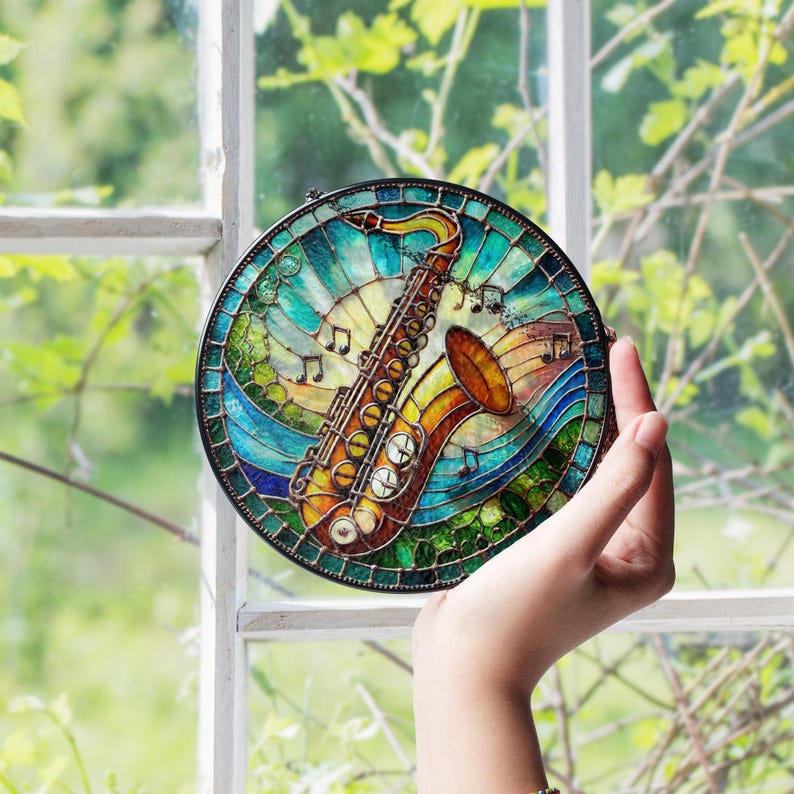 Stained Instruments Saxophone Stained Glass Window Suncatcher – Jazz Music Instrument Decor ...