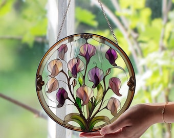 Sweet Peas Stained Glass Suncatcher – Delicate Floral Glass Art | Handmade Flower Window Decor | Unique Botanical Gift for Garden Lovers