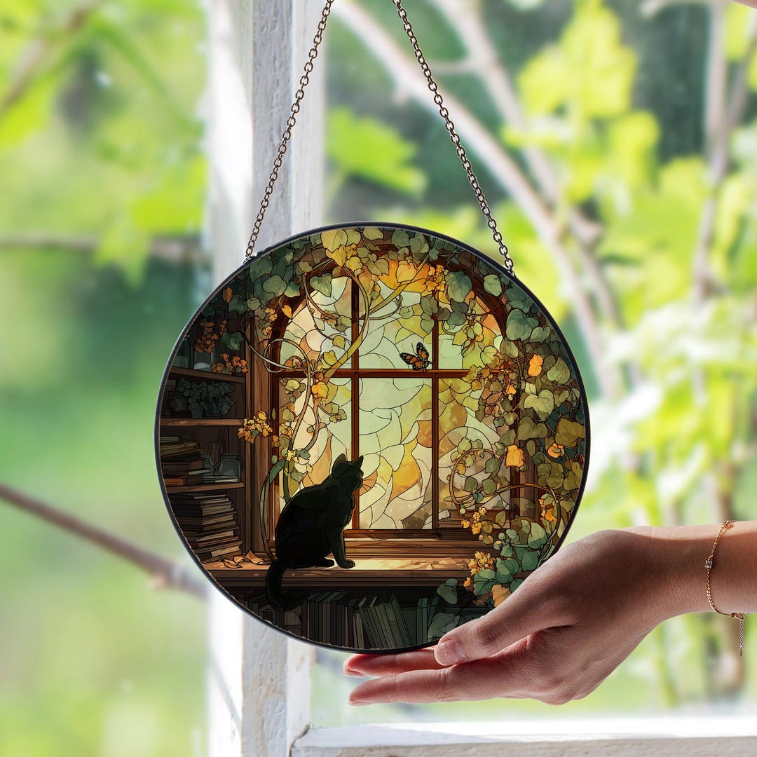 Black Cat With Ivy and Books Stained Glass Window Suncatcher | Witchy ...