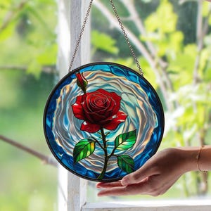 Stunning Red Rose Stained Glass Suncatcher – Romantic Floral Glass Art | Handmade Rose Window Decor | Unique Suncatcher Gift Set