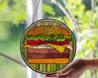 ハンバーガーセットのステンドグラスパネル ステンドグラスのバーガーサンキャッチャー：手作りのグルメダイナーの