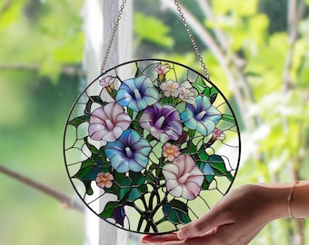 ステンドグラスのモーニンググローリーサンキャッチャー：ピンクの花の
