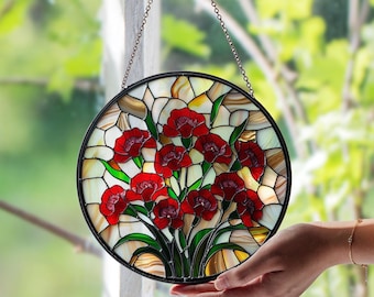 ステンドグラスのカーネーションサンキャッチャー：手作りの花柄