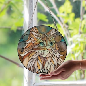 Atrapasol de vitral personalizado con forma de gato Maine Coon, regalo conmemorativo personalizado para mascotas, idea de regalo única para colgar en la ventana con arte de vidrio de gato