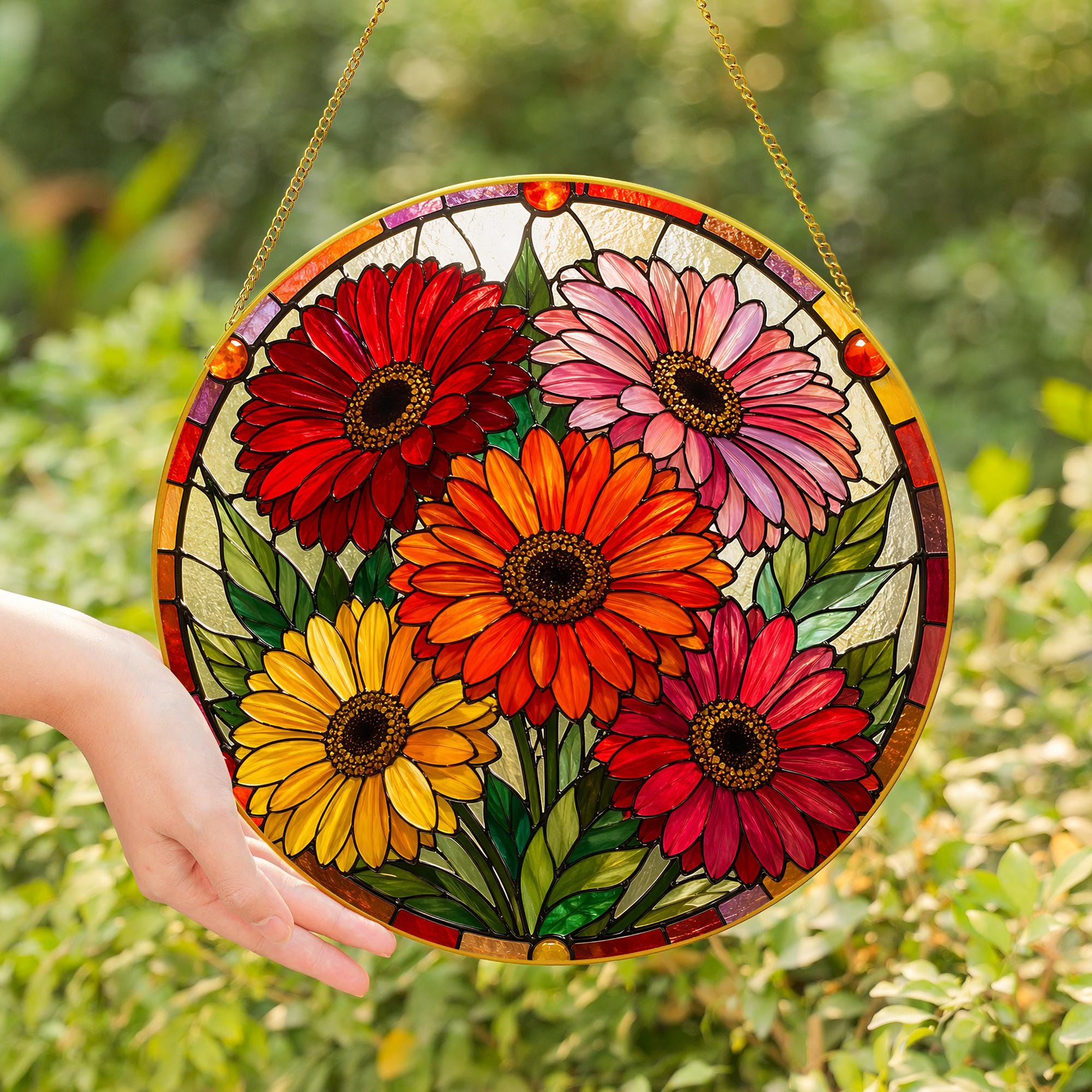 Gerbera Daisy Stained Glass Window Suncatcher, Floral Garden