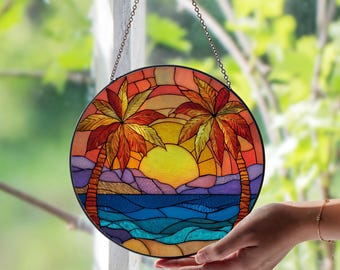ヤシの木が描かれたトロピカルな夕日のステンドグラスパネル（窓や壁の