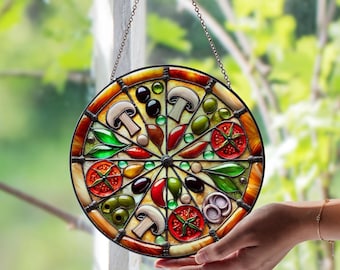 Pizza Stained Glass Suncatcher – Fun Foodie Glass Art Decor | Quirky Kitchen Window Hanging | Unique Handmade Suncatcher Set Gift
