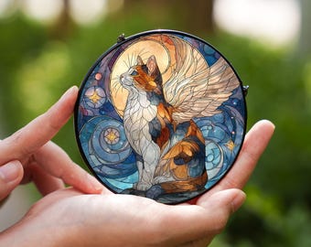 Calico Cat Memorial Stained Glass Window Suncatcher – Personalized Pet Loss Glass Sun Catcher, Unique Feline Window Art Gift for Cat Lovers