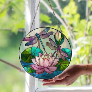 Double Dragonflies and Lotus Stained Glass Window Suncatcher – Peaceful Nature Panel | Zen Garden Decor | Unique Gift for Spiritual Souls