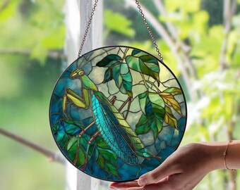 Atrapasol de vitral con forma de mantis religiosa: atrapasol único de vidrio con insectos, arte natural para ventanas, hogar, jardín o decoración espiritual.