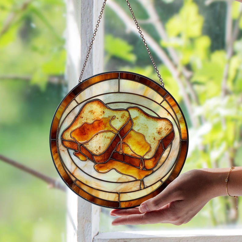 French Toast Stained Glass Window Suncatcher – Unique Breakfast Food Glass Sun Catcher, Fun Kitchen Window Art Décor or Gift Idea