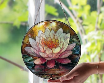 July Birth Flower Water Lily Stained Glass Window Suncatcher – Unique Floral Glass Sun Catcher,Birthday Month Window Art Gift for Home Décor