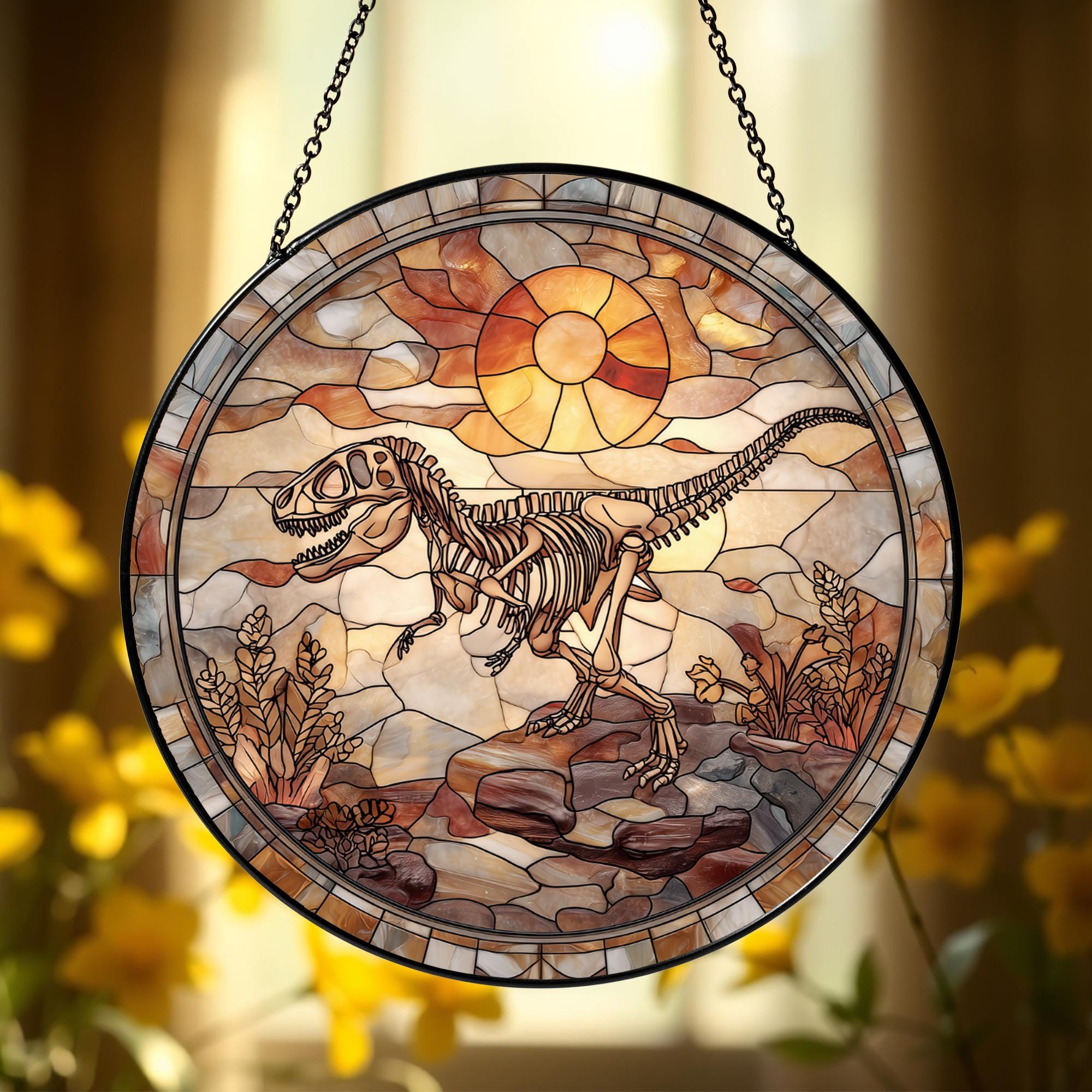 Dinosaur Skeleton Stained Glass Window Suncatcher – Prehistoric Fossil ...