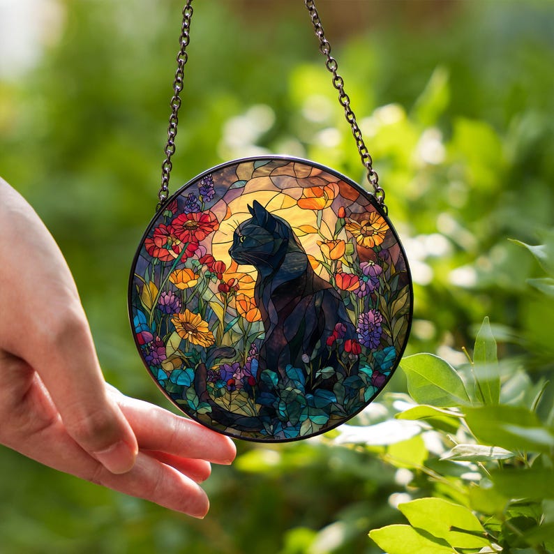 Black Cat Stained Glass Window Suncatcher – Mystical Feline Glass Sun ...