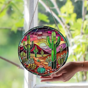 Saguaro National Park Stained Glass Suncatcher – Desert Cactus Sunset Window Art | Southwestern Decor | Unique Nature Gift