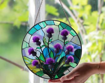 Purple Thistles Stained Glass Suncatcher – Scottish Floral Glass Art | Handmade Thistle Window Decor | Unique Stained Glass Set Gift