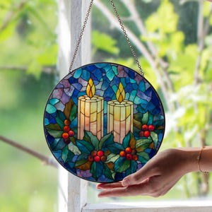 星月夜と雪景色を描いた冬の村のステンドグラス窓パネル - Etsy 日本