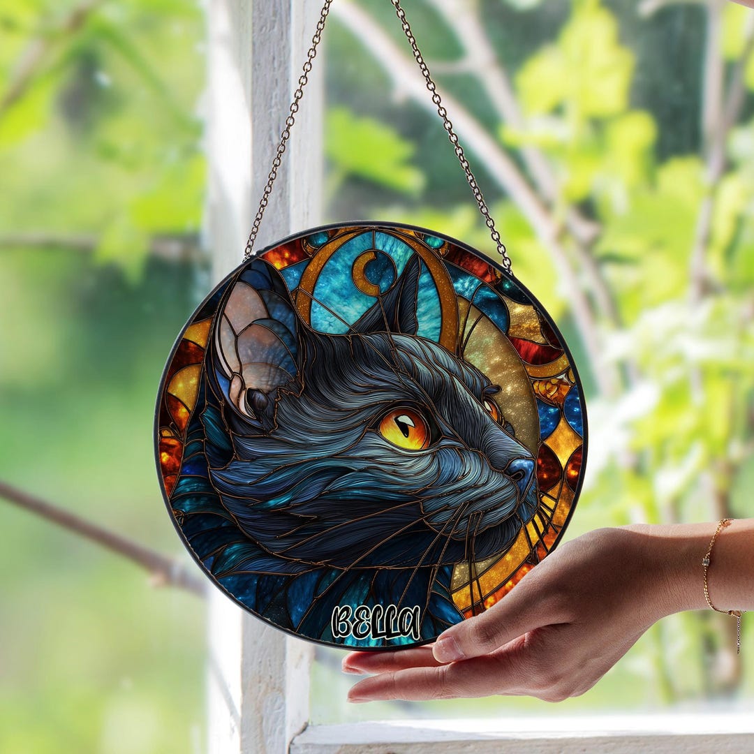 Personalized Black Cat Stained Glass Window Suncatcher, Custom Pet ...