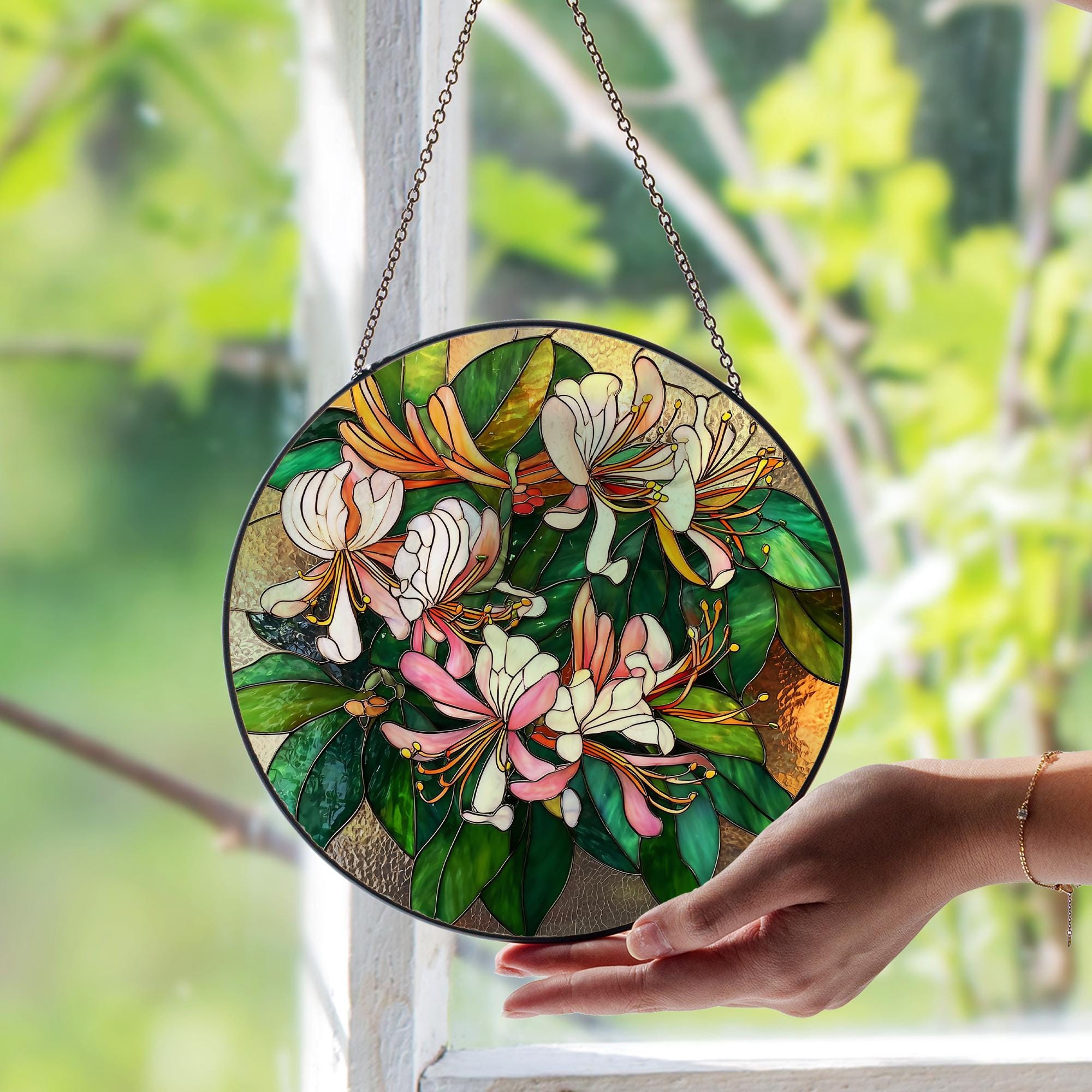 June Birth Flower Honeysuckle Stained Glass Suncatcher, Handmade Floral ...