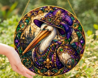 Pelican Fleur De Lis Stained Glass Window Suncatcher, Louisiana