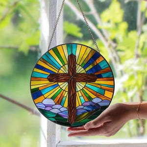 Christian Cross Stained Glass Window Suncatcher – Inspirational Faith Decor | Religious Wall Art Panel | Gift for Spiritual Loved Ones