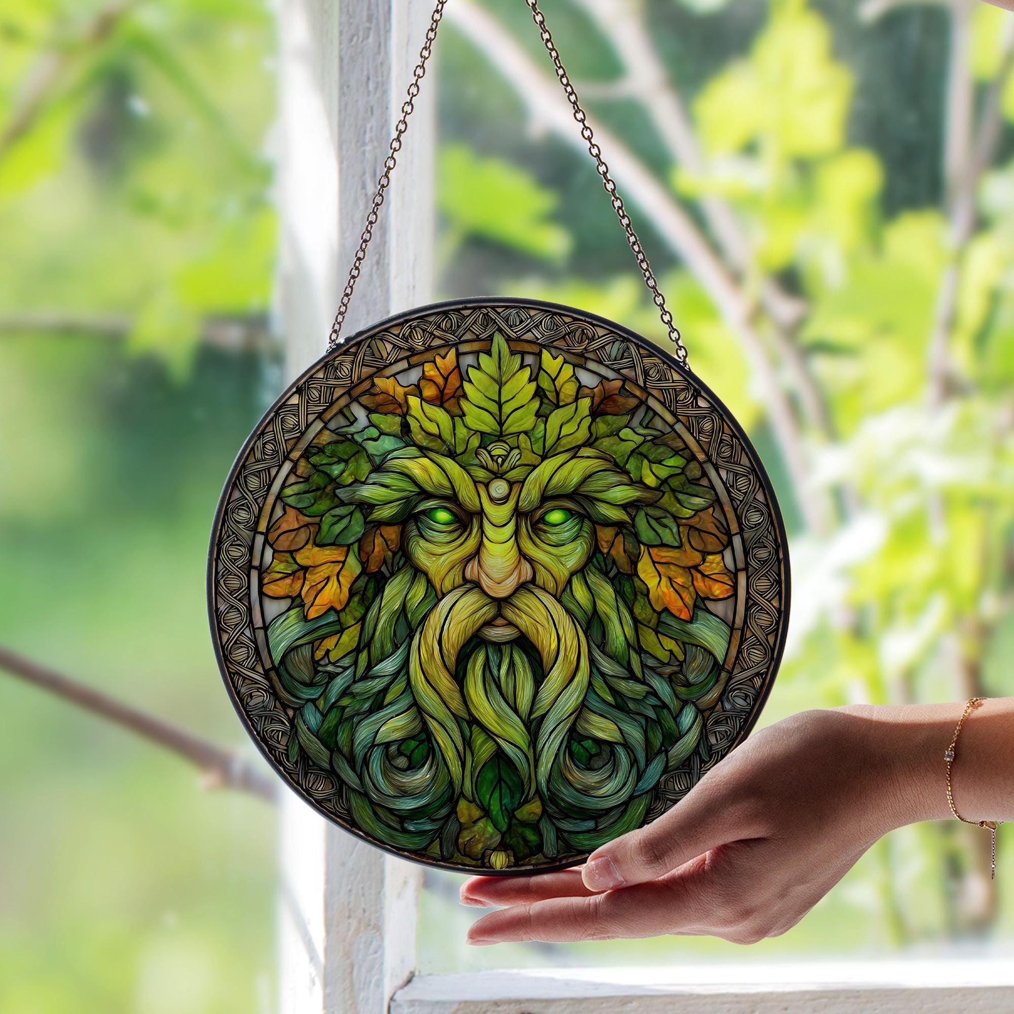 Green Man Stained Glass Window Suncatcher – Mythical Forest Spirit